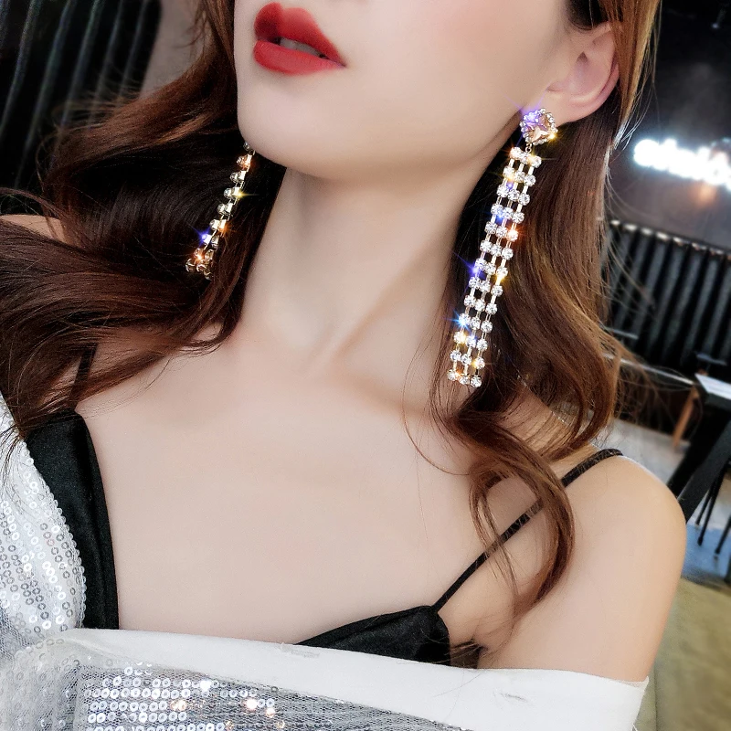

2019 New Arrival Crystal Trendy Women Dangle Earrings Long Style Tassel Earrings Cold Wind Eardrop Personal Female Jewelry