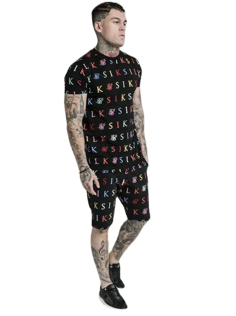 Sik Silk-traje de manga corta para hombre, estampado de letras, dos piezas, transpirable y de secado rápido, estilo coreano, verano, 2021