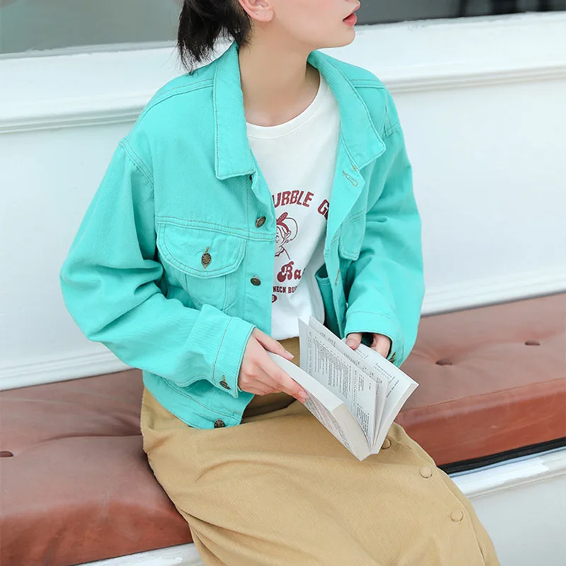 Женская тонкая джинсовая куртка мятного, зеленого, желтого, розового цвета с карманами и длинными рукавами и отложным воротником, свободное короткое пальто C0211 - Цвет: Мятный