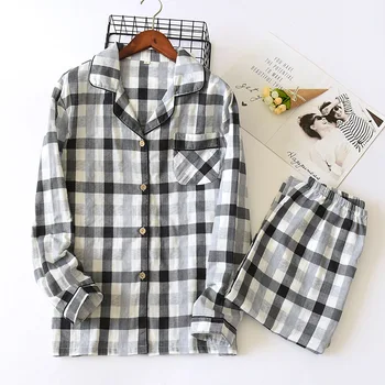 

Spring and Autumn Couple Pajamas Cotton Plaid Nightwear Service Long-sleeved Trousers Loose Casual Sleepwear Suit Pigiami Donna