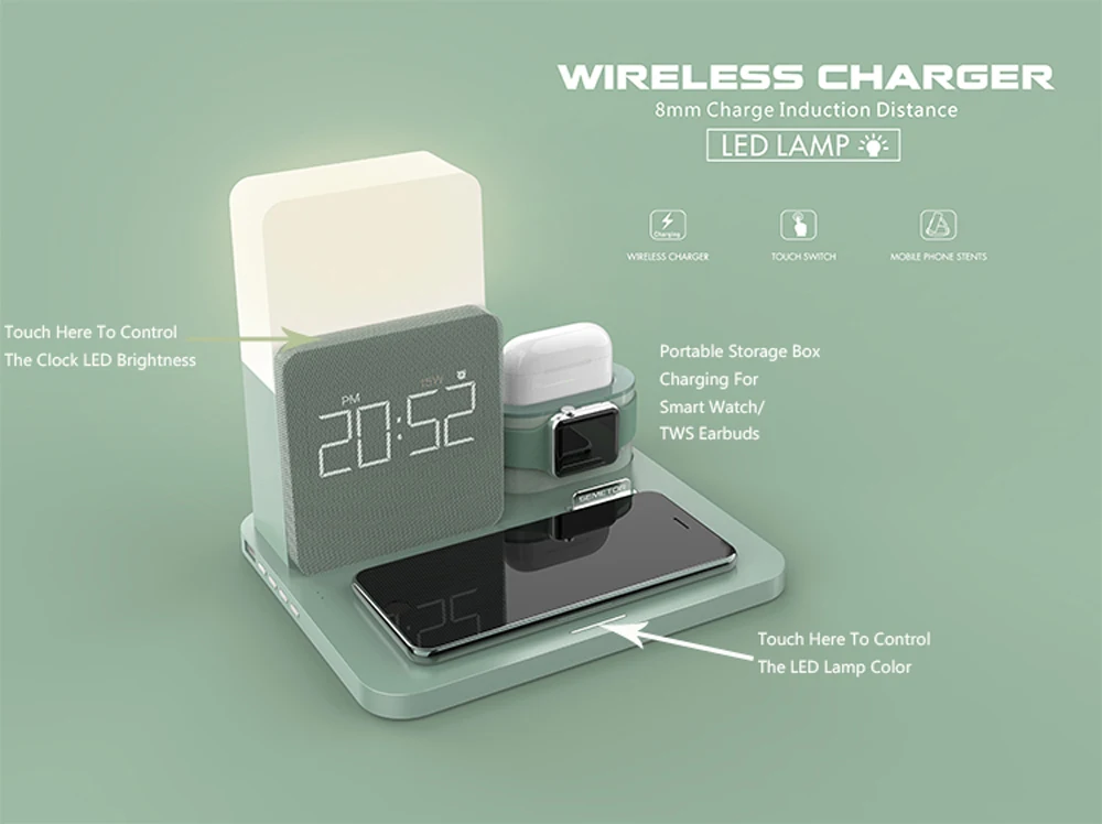 Carregador sem Fio Suporte para Apple Lâmpada de Mesa Multi Função Airpods Pro Iphone 12 Max 12mini 11pro xs xr 8plus Samsung Galaxy S20 S10 s9 Note20 Led Despertador Tempo Carregador Rápido Estação qi Ver 8 Pro Max 12Mini 11Pro XS Max XR