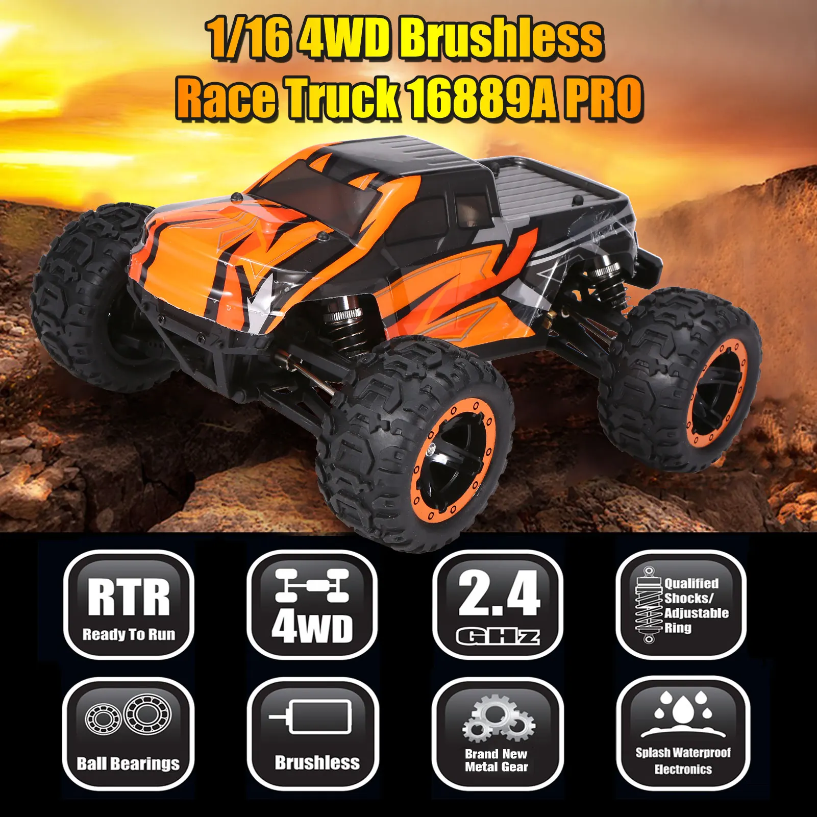 16889A-Pro 1/16 2.4G 4WD 45 km/h rc카 브러시리스 모터 차량, LED 라이트 전기 오프로드 트럭 RTR 모델 VS 9125 12428