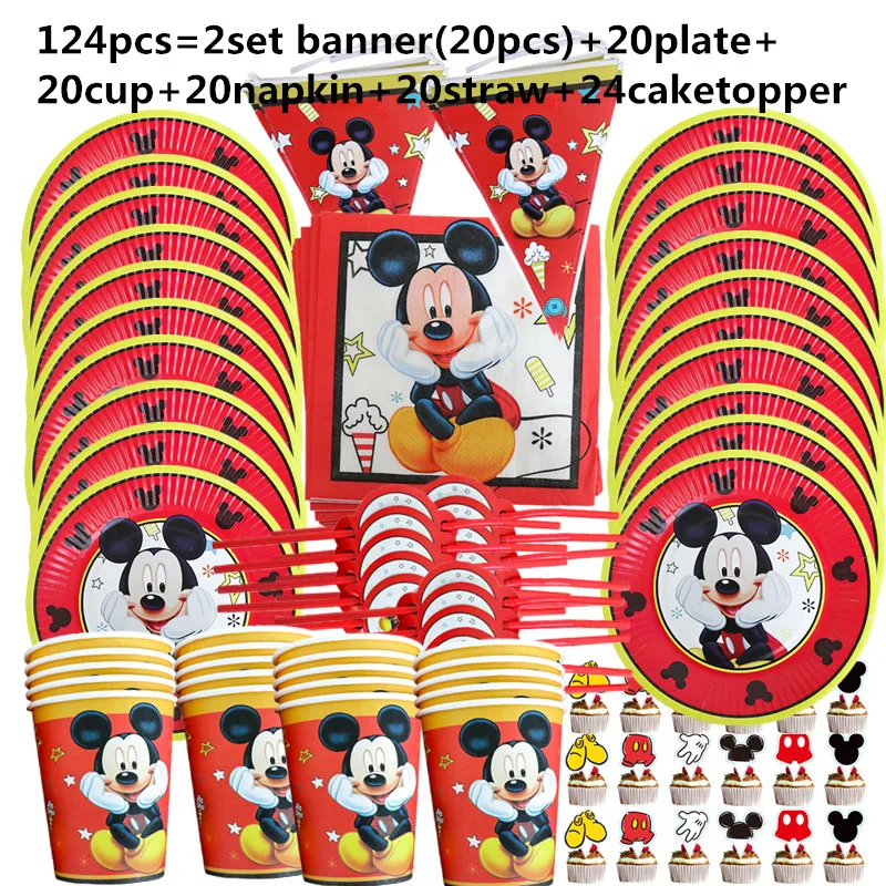 1Set Red Mickey Mouse Theme Disposable Paper Cups Plates Flexible Straws Baby Shower Kid Birthday Napkin Decoration Supplies