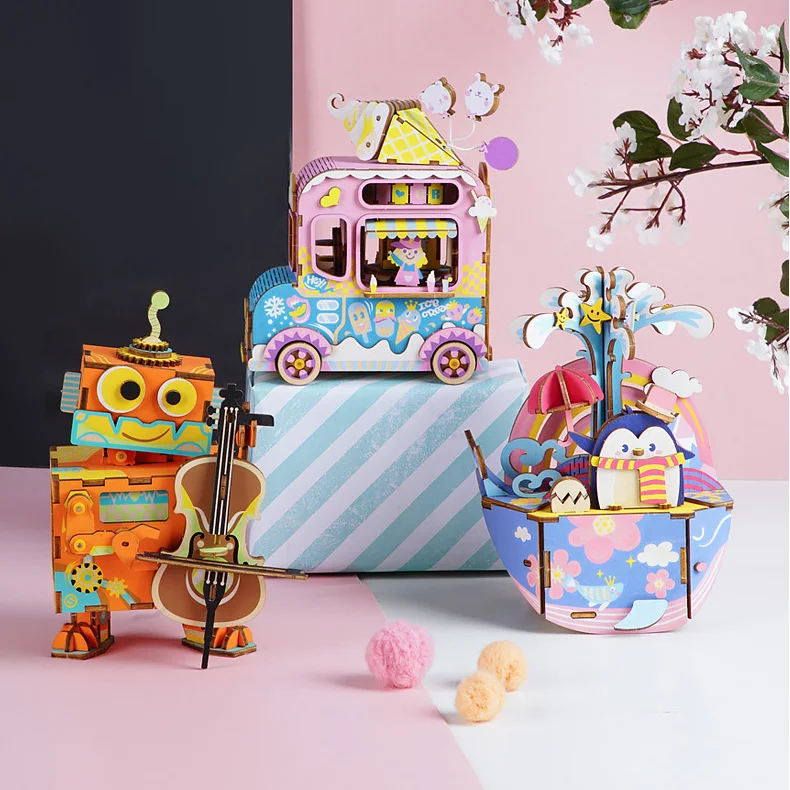 Принт с героями мультфильмов Kawaii, DIY собирать деревянные музыкальная шкатулка Балерина коробка механизм, на Рождество, украшение для дома подарок на день рождения аксессуары для детей