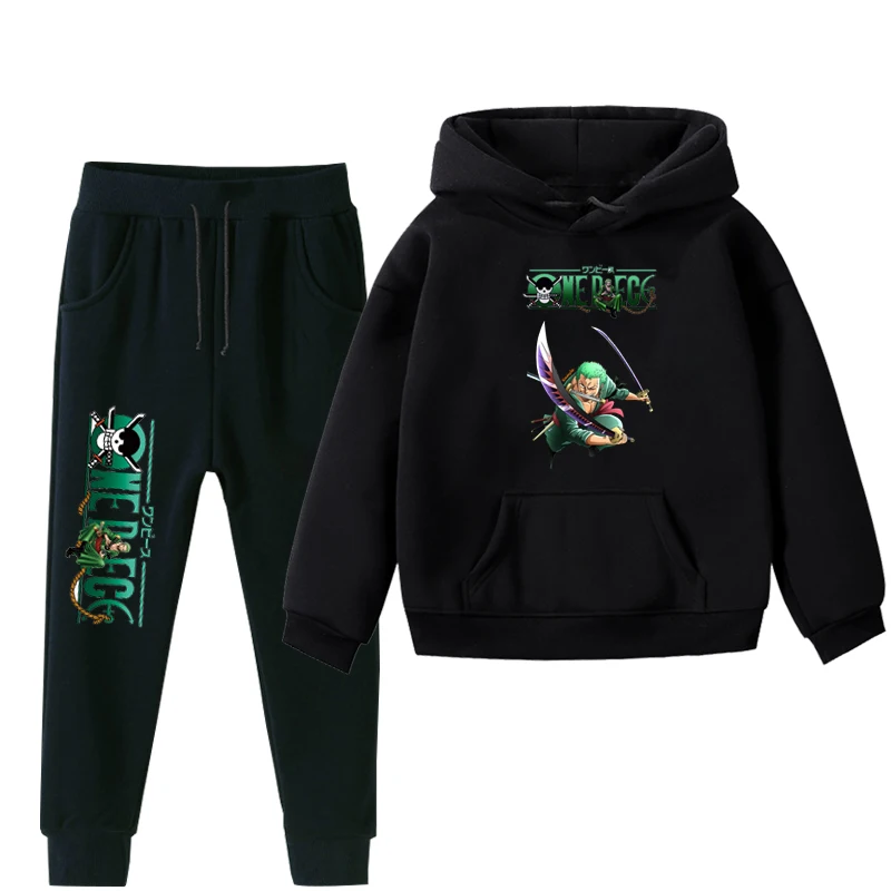 Boys Girls 2Pcs Clothes ONE PIECE Luffy Kids Hoodies And Pant Children Plus Velvet Clothes Set Winter Black Sportsuit For 2-14Y - Цвет: 018