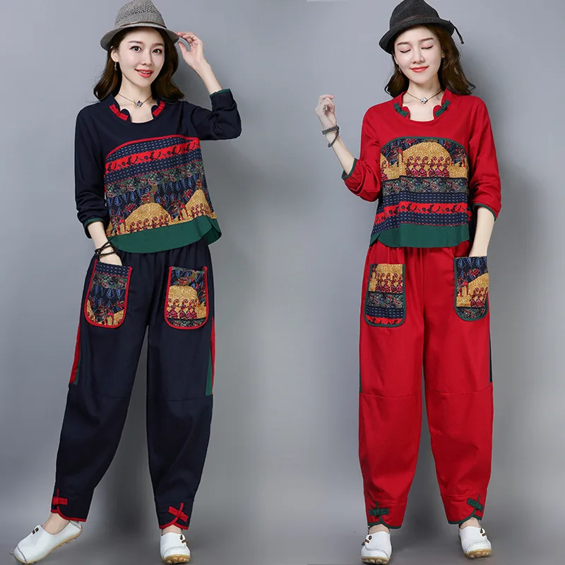 

Autumn National Wind Cotton Linen Contrast Color Joint Long-sleeved Upper Garment + Elastic Waist Loose Pants Set
