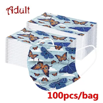 

100pcs Butterfly Print Face Mask Adult Disposable Face Mask 3-Ply Ear Loop Mouth Cover Drawings Mask Mascarillas Fast Delievry