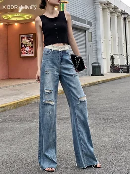

2020 New Style Soft Ripped Jeans Women's Wide Leg Contrasting Color Retro Loose Drape Mop Straight Tube Slim Fashion