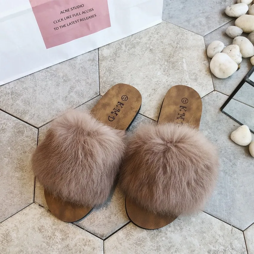 

Maggie's Walker Fluffy Slippers Plush Slippers Women Shoes Fur Slides Wide Fluffy Flip Flops Summer Sandals Natural Fur Slippers