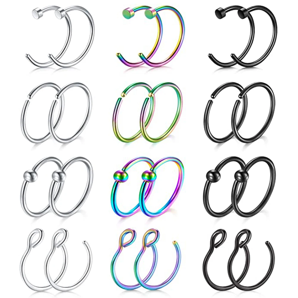 24pcs Septum Ring Surgical Stainless Steel Captive Bead C Shape Thin Lip Earlobe Helix Cartilage Piercing Hoop 8/10mm Set | Украшения и