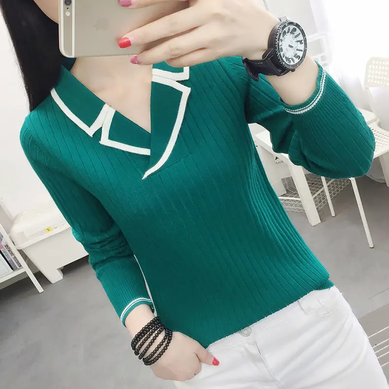 

Green Lapel Neck Korea Spring Pullover Knit Sweater Loose Coat Casual Cloth Girl T-shirt Tops Clothes for Women Lady Clothing