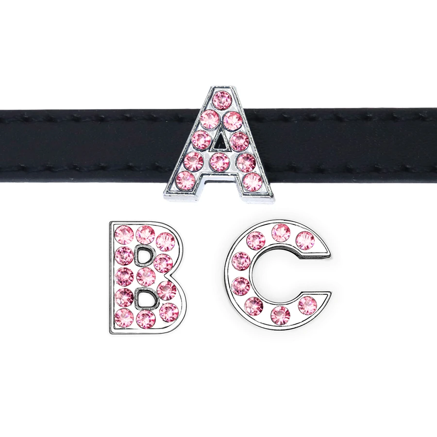 A-Z 8mm Pink Full Rhinestone Slide Letters For Bracelet Making Alphabet DIY Wristband Pet Collar Keychain Jewelry Women Gift 1pc letter bead jewelry