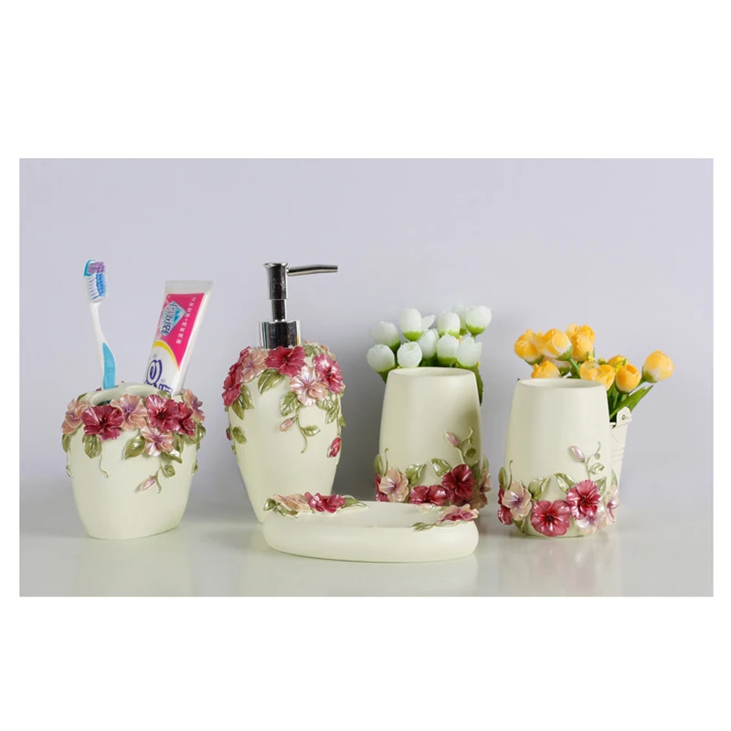 Country Style Resin 5Pcs Bathroom Accessories Set Soap Dispenser/Toothbrush Holder/Tumbler/Soap Dish(Green