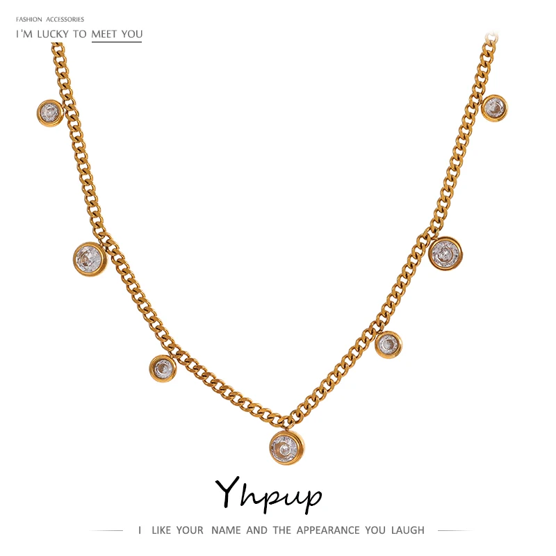 Yhpup Stainless Steel Jewelry Delicate Shiny Cubic Zirconia Chain Necklace for Women Temperament Collar Wedding Gift | Украшения и