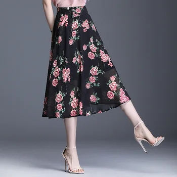 

Floral Chiffon Skirt Mid Length Skirt Women A-line Elegant Fairy Dress In Summer 2020 Office Lady Plus Size High Waist Skirts