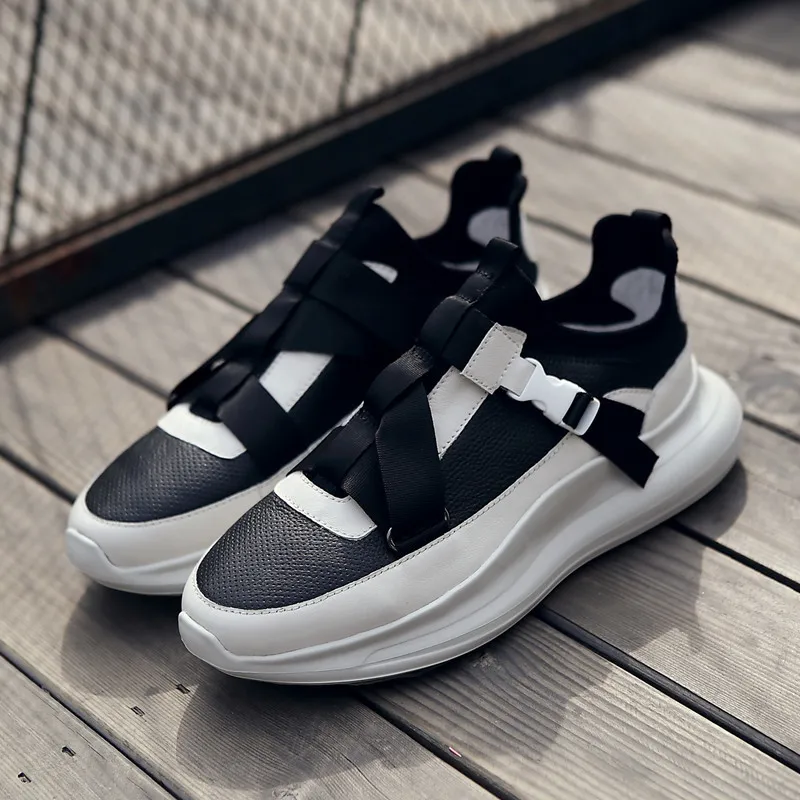 Street Style Slip On Platform Breathable Casual Shoes Men Summer Patchwork Height Increasing Chunky Sneakers Black Trainers |