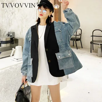 

China Tide Personality Patchwork Jacket Denim Pocket Plus Size Women Clothes 2020 Spring Fashion Turn Down Collar Coat P005