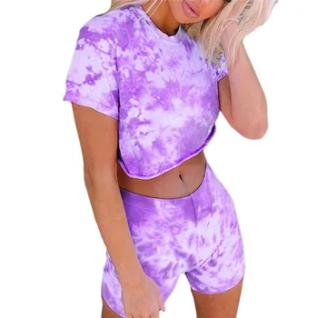 

Women’s Short Sleeve T-shirt Tie Dye Casual Sports Tracksuit Shorts Suit Fashion O Neck Crop Top and Elastic High-waist Shorts