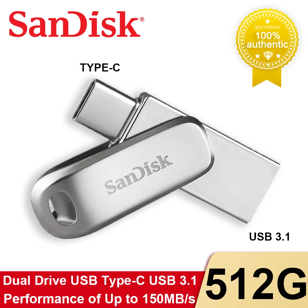 Флэш-накопитель SanDisk Ultra Dual Drive Luxe 512 ГБ USB 256 Type C 128 двойная Флэшка 64 32 OTG A