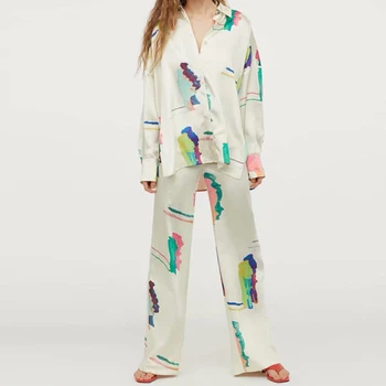 

KUMSVAG 2020 Summer Women Print Loose Two-piece sets Suits Long Sleeve Blouses Tops and Pants Female Casual Chiffon 2 piece sets