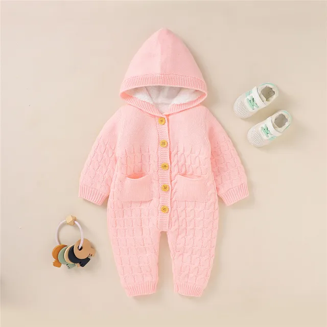 0-18 Months Winter Thick Warm Unisex Baby Hooded Jumpsuit Infant Girls Boys Solid Color Long Sleeve Button-Down Knitted Romper 9