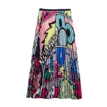 Женская летняя модная юбка в складку с принтом, Юбки-миди с эластичной резинкой на талии, Осенние юбки до середины икры с высокой талией, универсальные юбки Jupe Lady