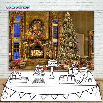 

Christmas Photo Backdrop Home Party Decoration Christmas Background Fireplace Christmas Tree and Box Xmas Party Photo Booth Prop