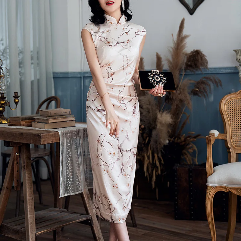 

A Generation of Fat 2019 Summer New Style Women's Elegant Sleeveless Improved Mulberry Silk Mid-length Real Silk Cheongsam 90287