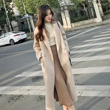 

Office Lady Long Woolen Winter Coats Solid Loose Wool Coat And Jacket Turn-down Collar Single Breasted Ladies Coats