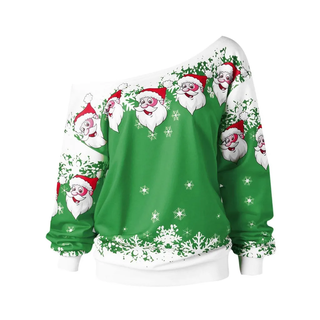 Рождественская блузка, рубашки, повседневные, плюс размер, S-5XL, для женщин, с рождественским принтом Санта Клауса, с косой горловиной, толстовка, женская блузка,@ 45