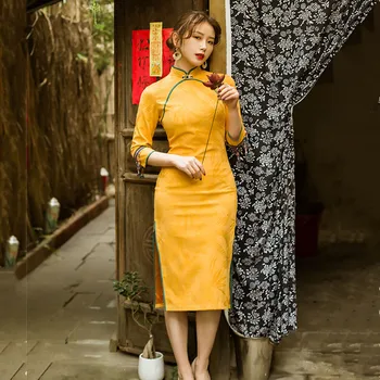 

2020 Vintage Chinese style women's dress girls fresh daily young style improved cheongsam literary red mid-long style dress