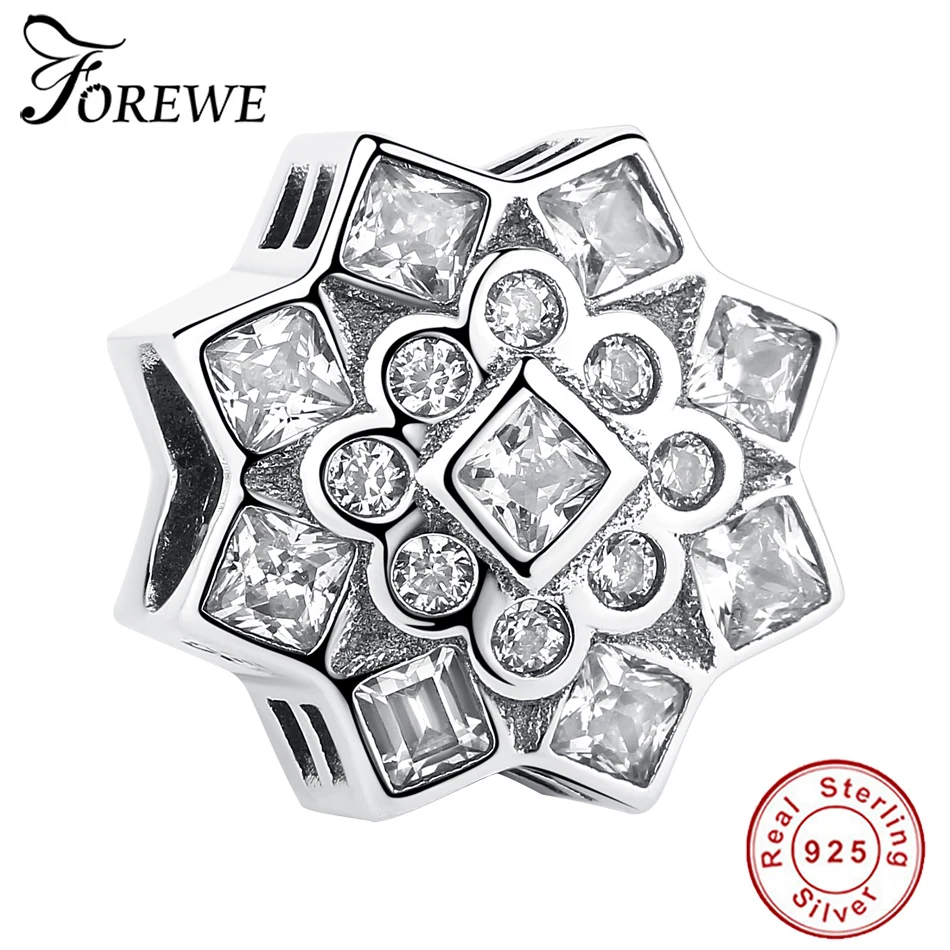 

Forewe 2019 New Vintage Blue CZ Crystal Flower Bead 925 Sterling Silver Charm Fit Original Bracelet Necklace DIY Original Jewelr