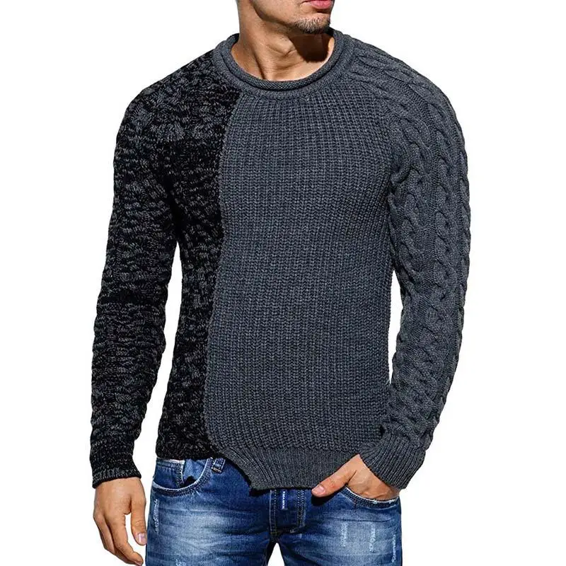 Осенне-зимний мужской свитер, Модный хлопковый пуловер с круглым вырезом в стиле пэчворк, свитер для мужчин, облегающий свитер с длинными рукавами, трикотажные мужские свитера - Цвет: Grey