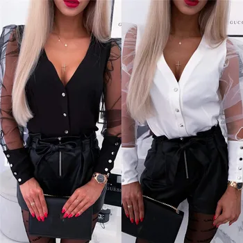 

New Fashion 2020 Spring Women V-Neck Blouses Tulle Mesh Ruffle Long Puff Sleeve Shirt Solid Lady Blouse Autumn Women Streetwear