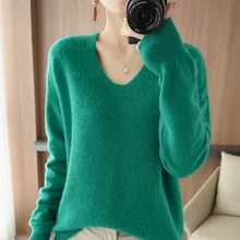 

Autumn and Winter New Cashmere Sweater Women's V-Neck Pullover Long-Sleeved Basic Korean Loose 100% Pure Wool Knitted Sweater