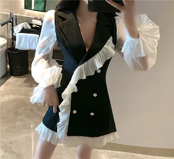 

Women Elegant French Vintage Blazer Dress Korean Fashion Long Flare Sleeve Mini Dress Retro Ruffled Hem Patchwork A Line Dress