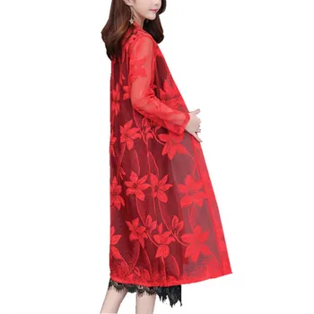

Solid Color Open Front Thin Chiffon Sun Protection Women Summer Lace Openwork Tops Beach Cardigan Tops