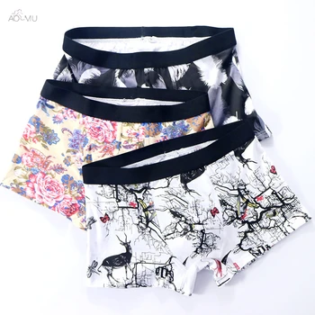 

AOMU New Male Panties Breathable Boxers Knit Cotton Men Underwear U Convex Pouch Sexy Underpants Printed Pattern Homewear Shorts