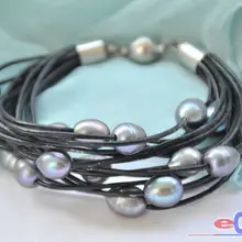 15 ряд " 13 мм черный рис пресноводный жемчуг черный кожаный браслет