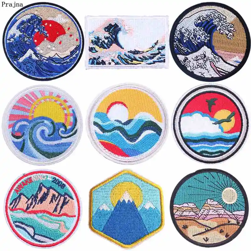 

Prajna Outdoor Patches The Great Wave Off Kanagawa Embroidered Patches For Clothing Appliques Iron On Patches DIY Jacket T-shirt