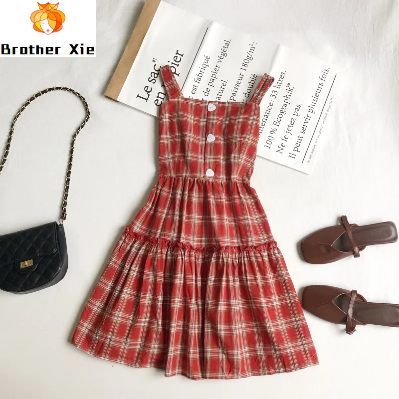 

2020 Spring/Summer Dress for Women Korean of New Retro Plaid Buckle Slinky Halter Sweet Sleeveless Dress