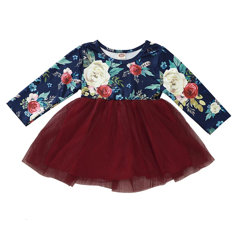 Autumn Baby Dress Long Sleeve Infant Dress Toddler Girls Flower Printed Princess Dresses Fashion Cute Baby Girls Clothing - Цвет: dark blue