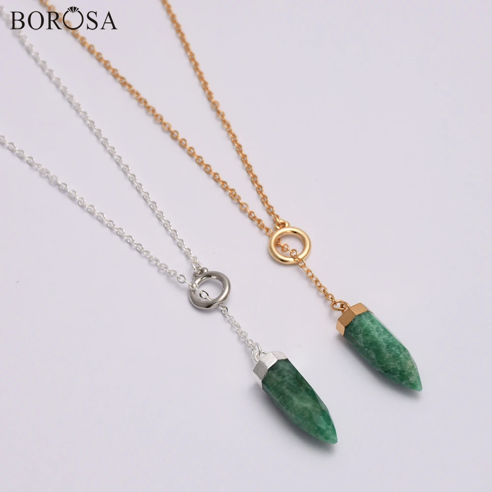 

Fashion Gold Silver Plated Amazonite Necklace Faceted Natural Stone Pendant 26inch Adjustable Chain Necklace for Women HD0347