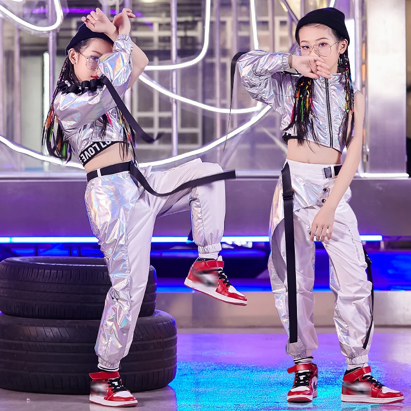 Fashion Silver Hip Hop Clothes For Girls Street Dance Suit Jazz