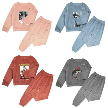

Kpop Super M KAI LUCAS MARK TEN Autumn Winter Warm Women Pyjamas Sets Coral Long Sleeve