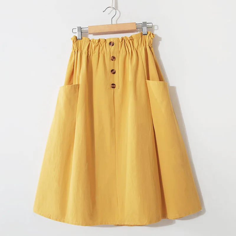 Fashion Women School Skirt Button A-line Summer Pocket Skirt Female Knee Length High Waist Midi Skirt