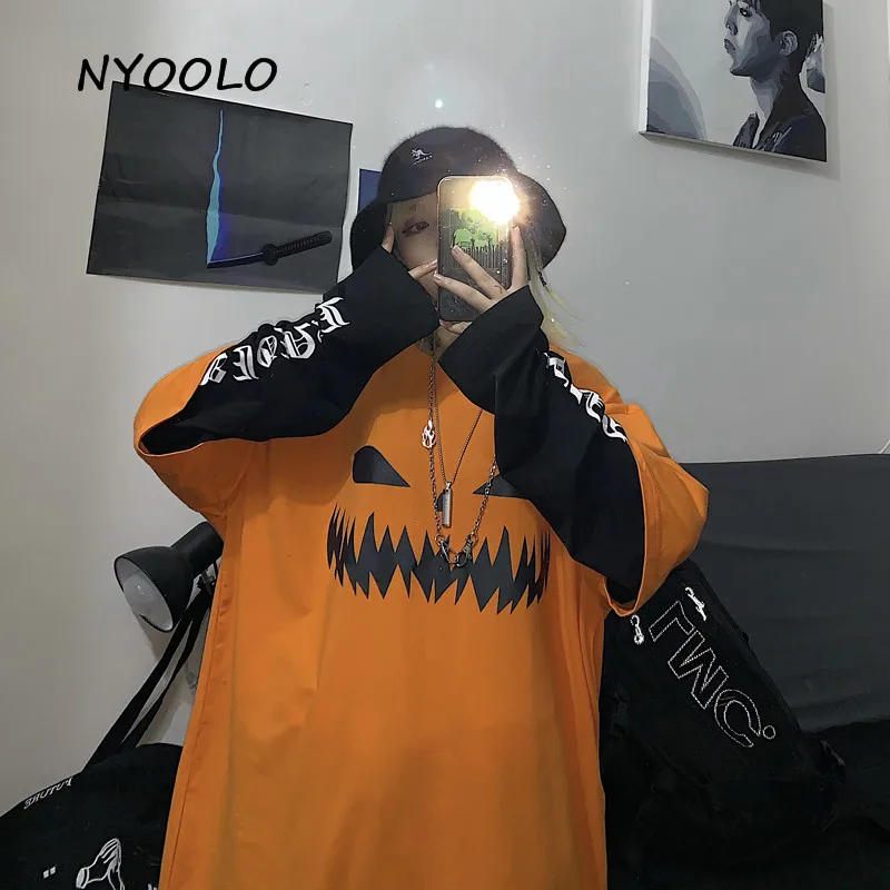 NYOOLO Harajuku дизайн Тыква Лицо с буквенным принтом поддельные две части pacthwork Топы осень уличная одежда с длинным рукавом Футболка для женщин и мужчин
