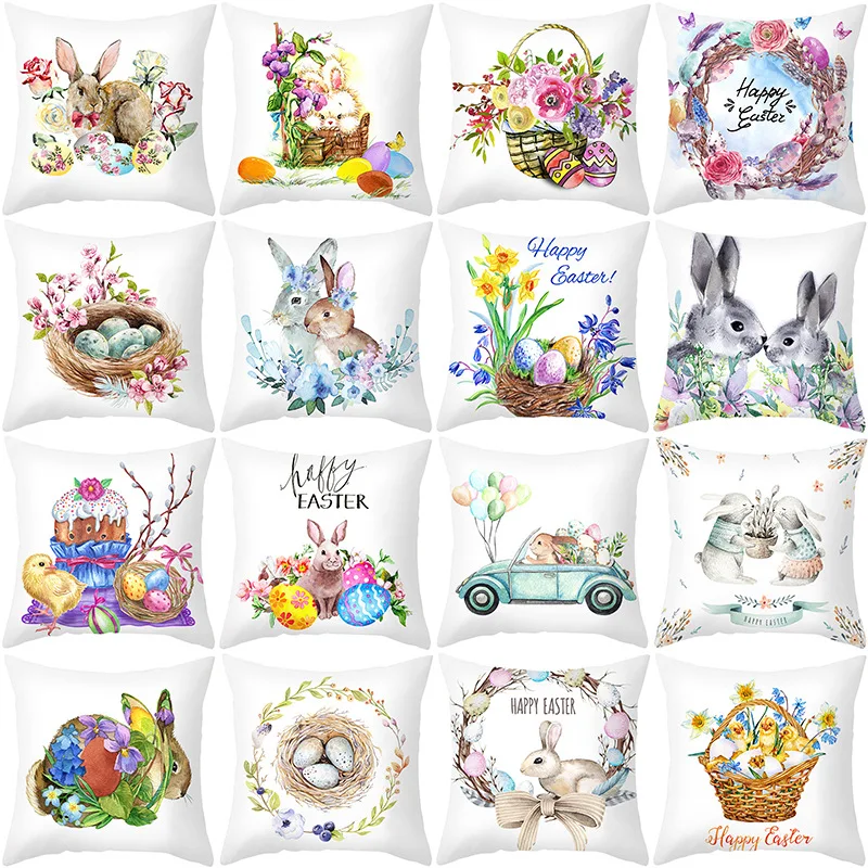 Egg Wreath Pattern Cushion Cover Easter Pillow Case Festival Farmhouse Home Decor Seat Softness Cover Pillow Flower Pillowcase