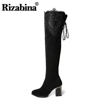 

RizaBina Women Genuine Leather Over The Knee Boots Winter Boots Sexy High Heel Round Toe Zipper Women Boots Shoes Size 33-42