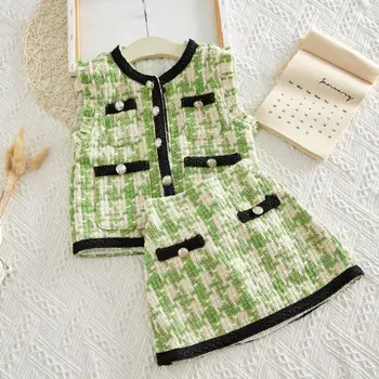

2019 Baby Girls Fall Formal Lady Elegant Plaids Sets, Vest + Skirts 5 sets/lot, Wholesale, Free Shipping
